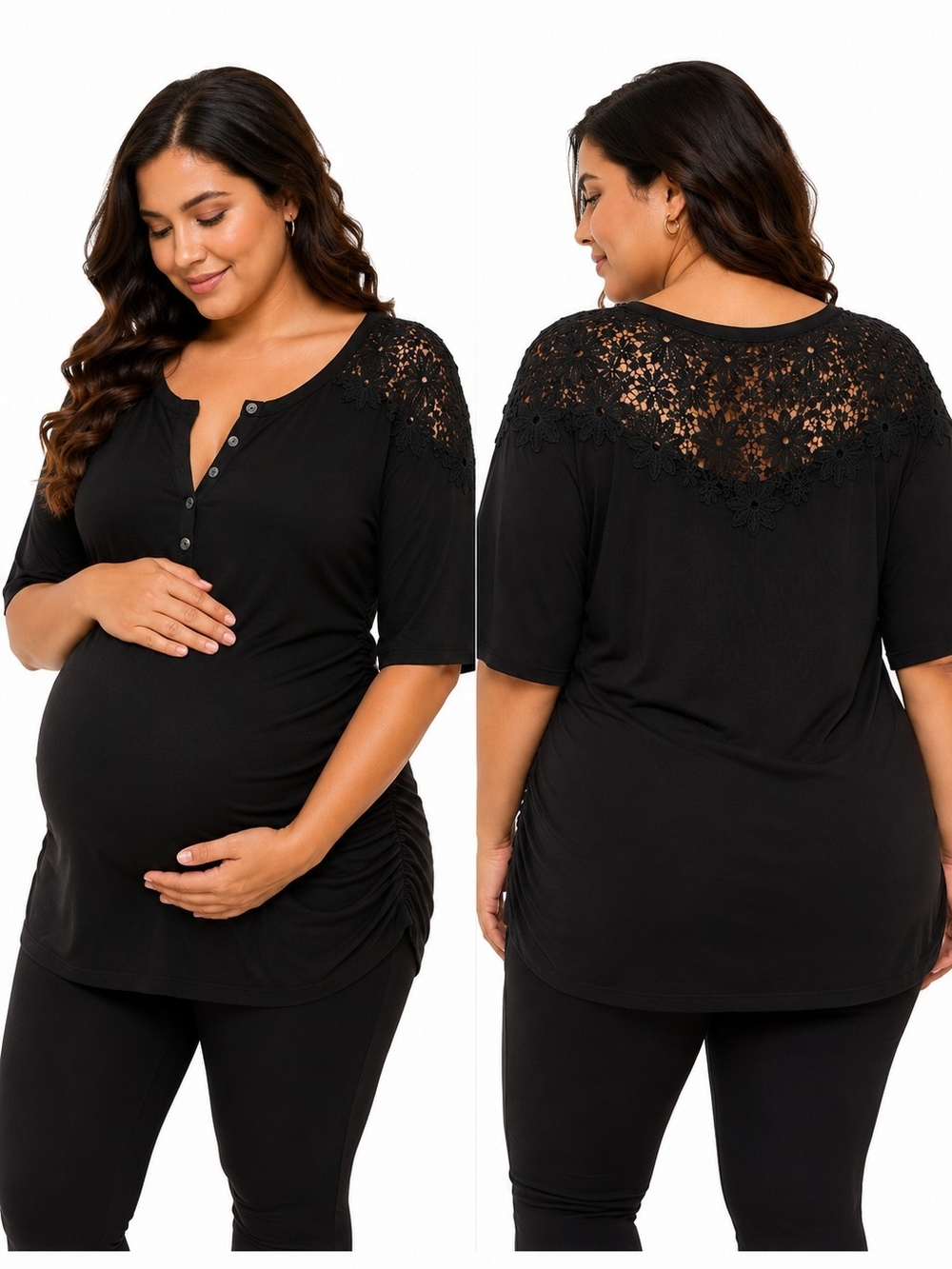 Motherhood Maternity Black Lace Yoke Ruched Maternity Top Plus 1X